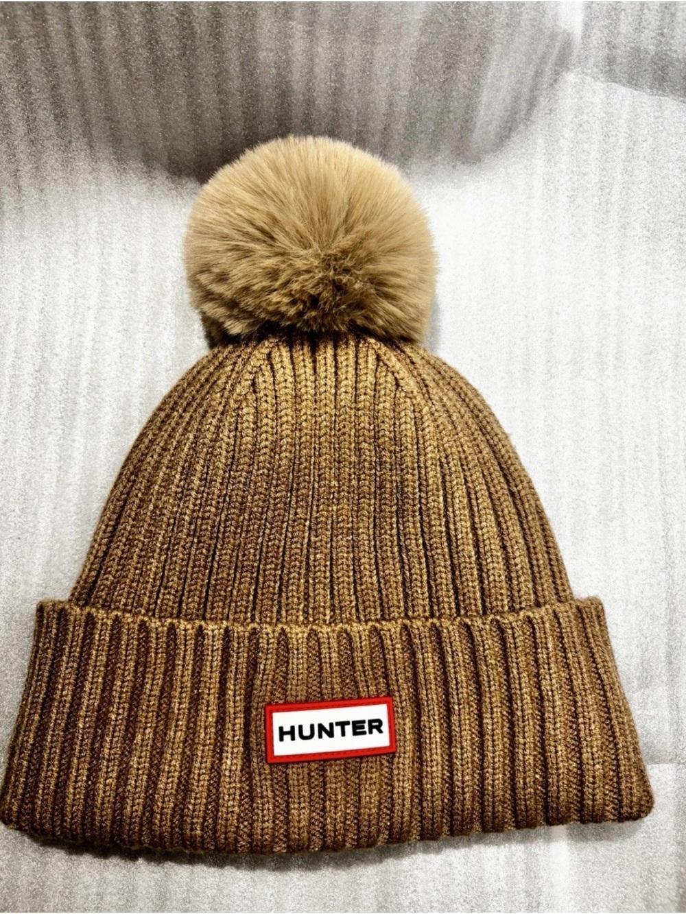 Hunter Pom Beanie in Camel Brown with Faux Fur Pom